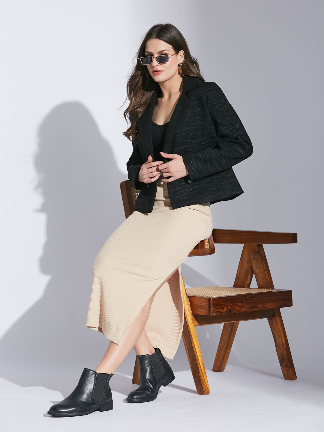 Latin Quarters Women Black Shirt Collar Full Sleeve Solid Jacket