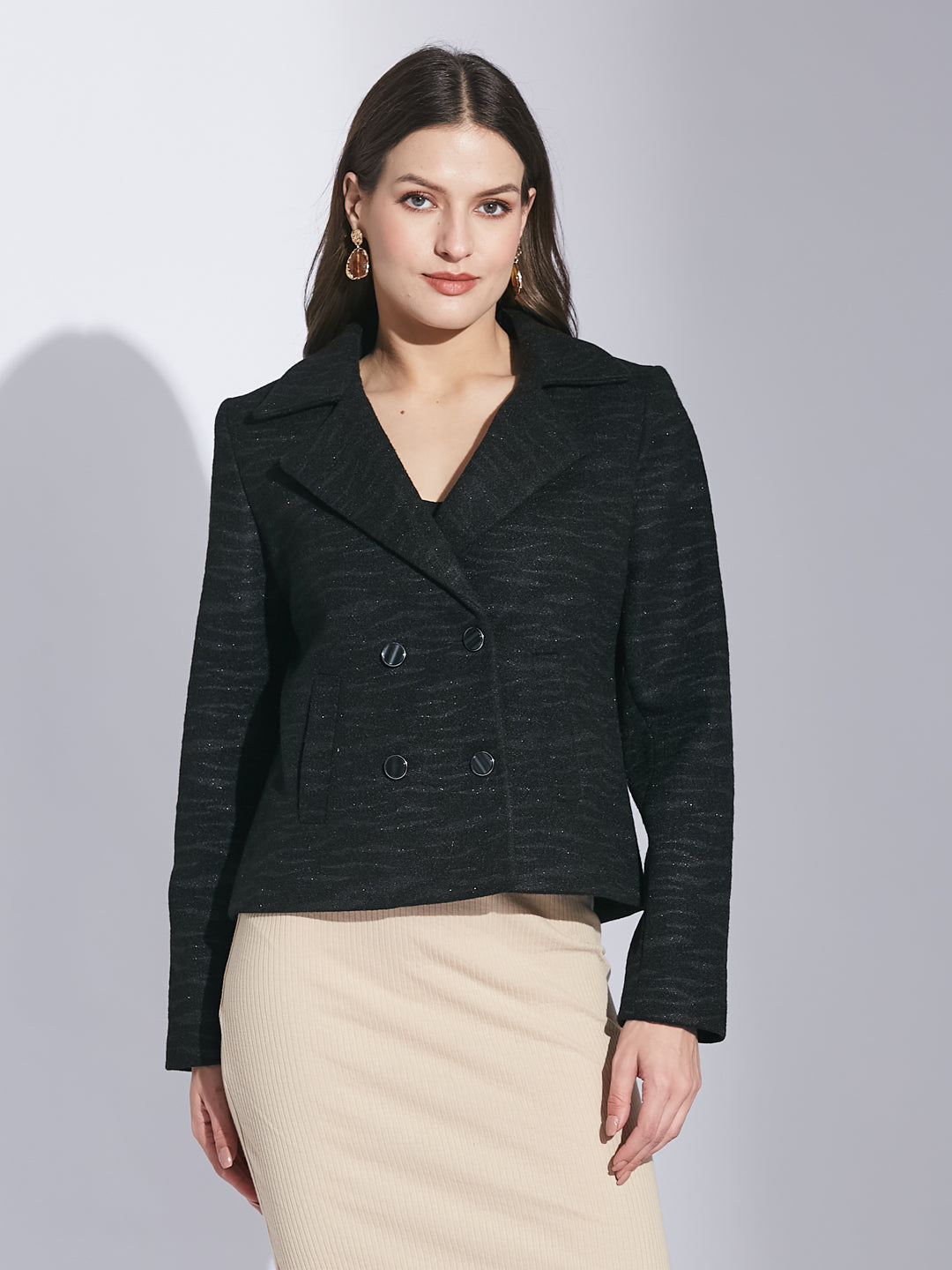 Latin Quarters Women Black Shirt Collar Full Sleeve Solid Jacket
