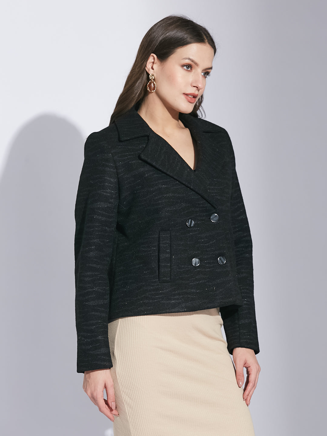 Latin Quarters Women Black Shirt Collar Full Sleeve Solid Jacket
