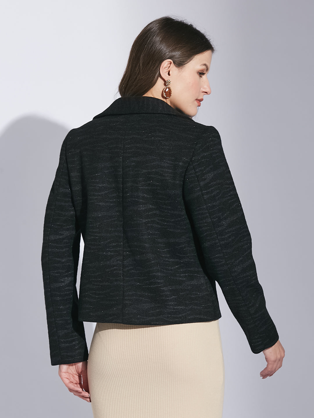 Latin Quarters Women Black Shirt Collar Full Sleeve Solid Jacket