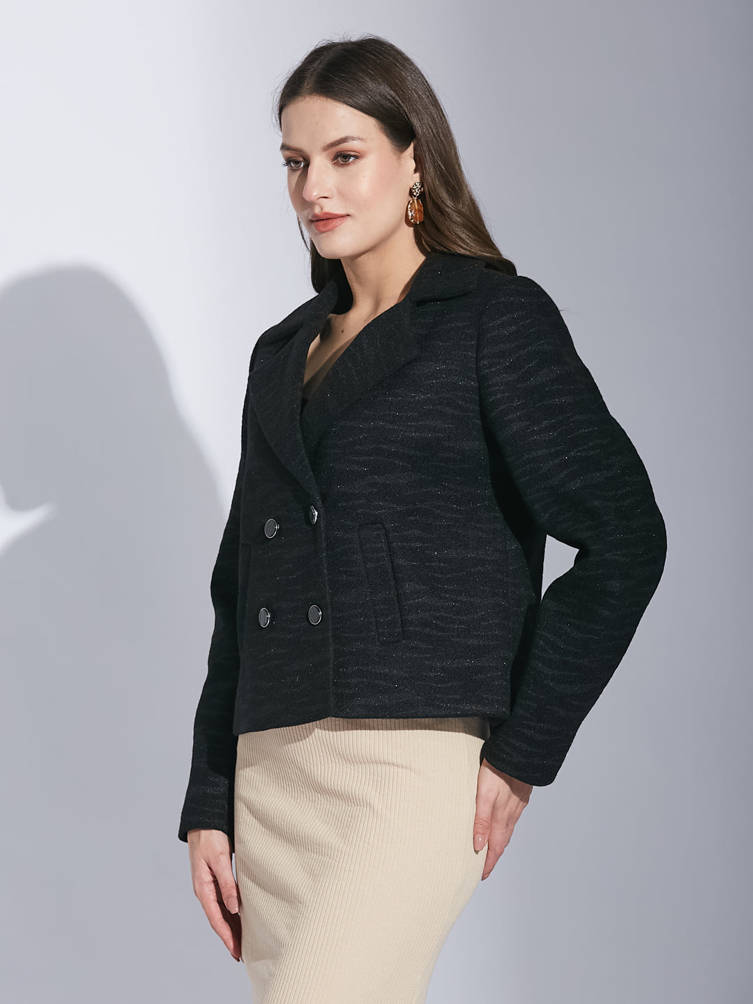 Latin Quarters Women Black Shirt Collar Full Sleeve Solid Jacket