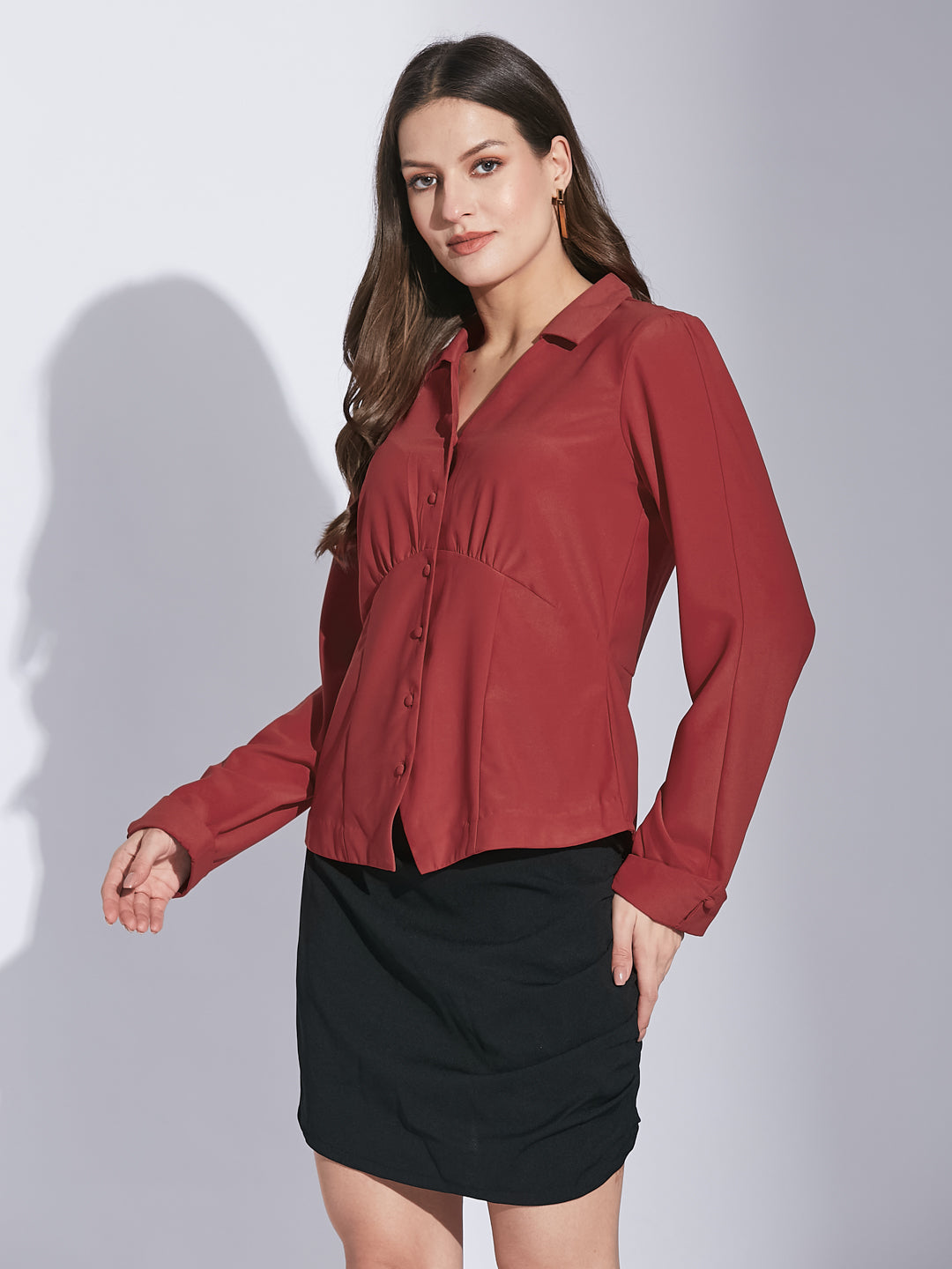 Latin Quarters Women Red Shirt Collar Full Sleeve Solid Shirt