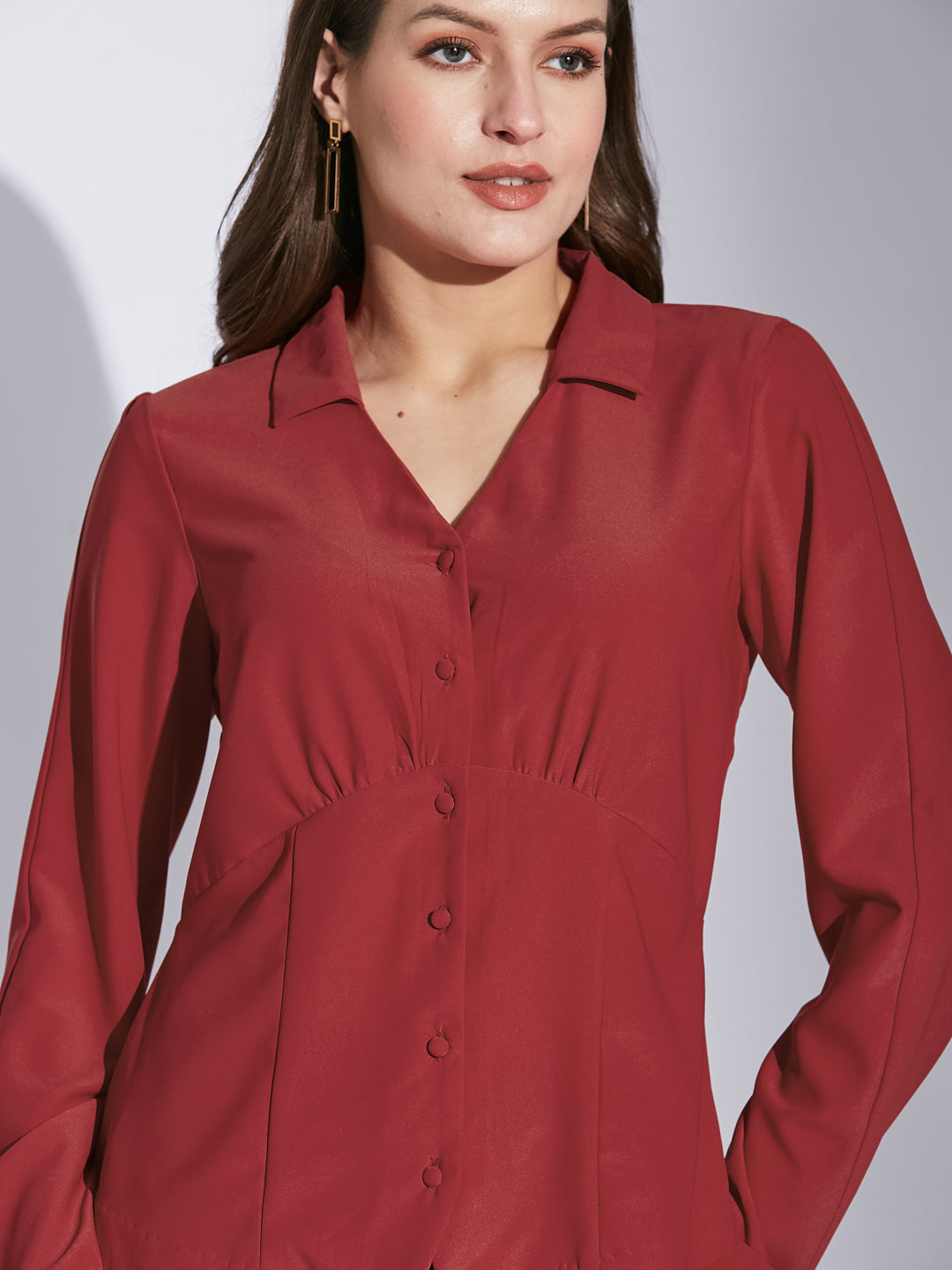 Latin Quarters Women Red Shirt Collar Full Sleeve Solid Shirt