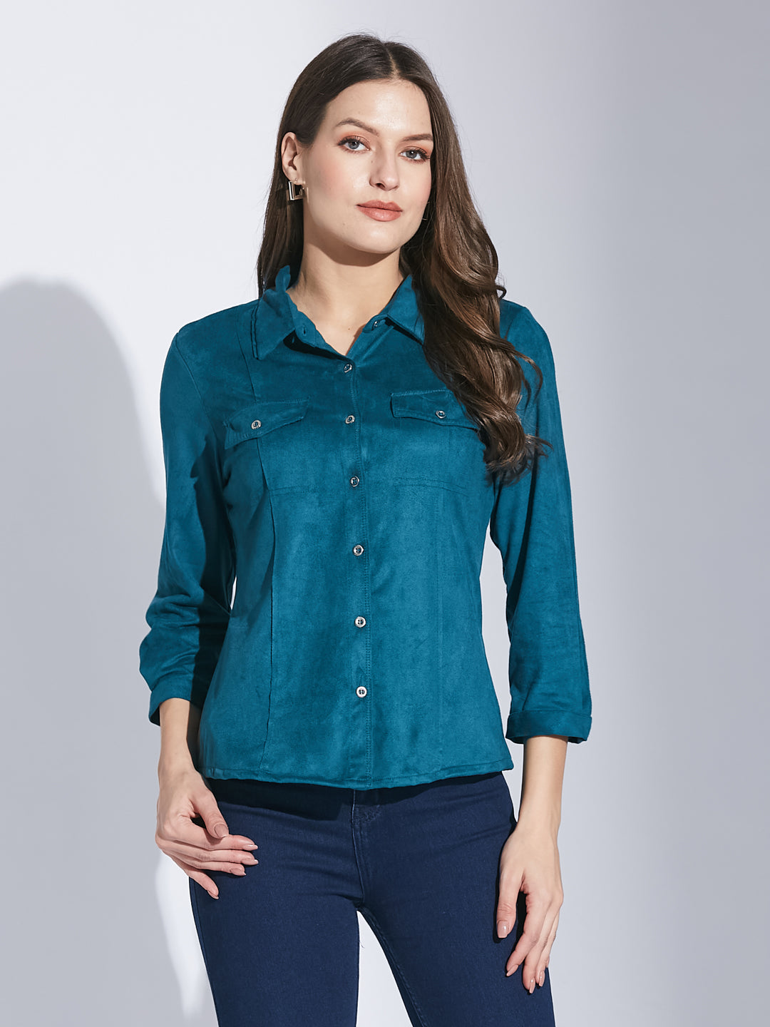 Latin Quarters Women Teal Shirt Collar 3/4 Sleeve Solid Shirt