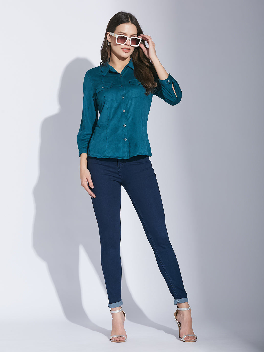 Latin Quarters Women Teal Shirt Collar 3/4 Sleeve Solid Shirt