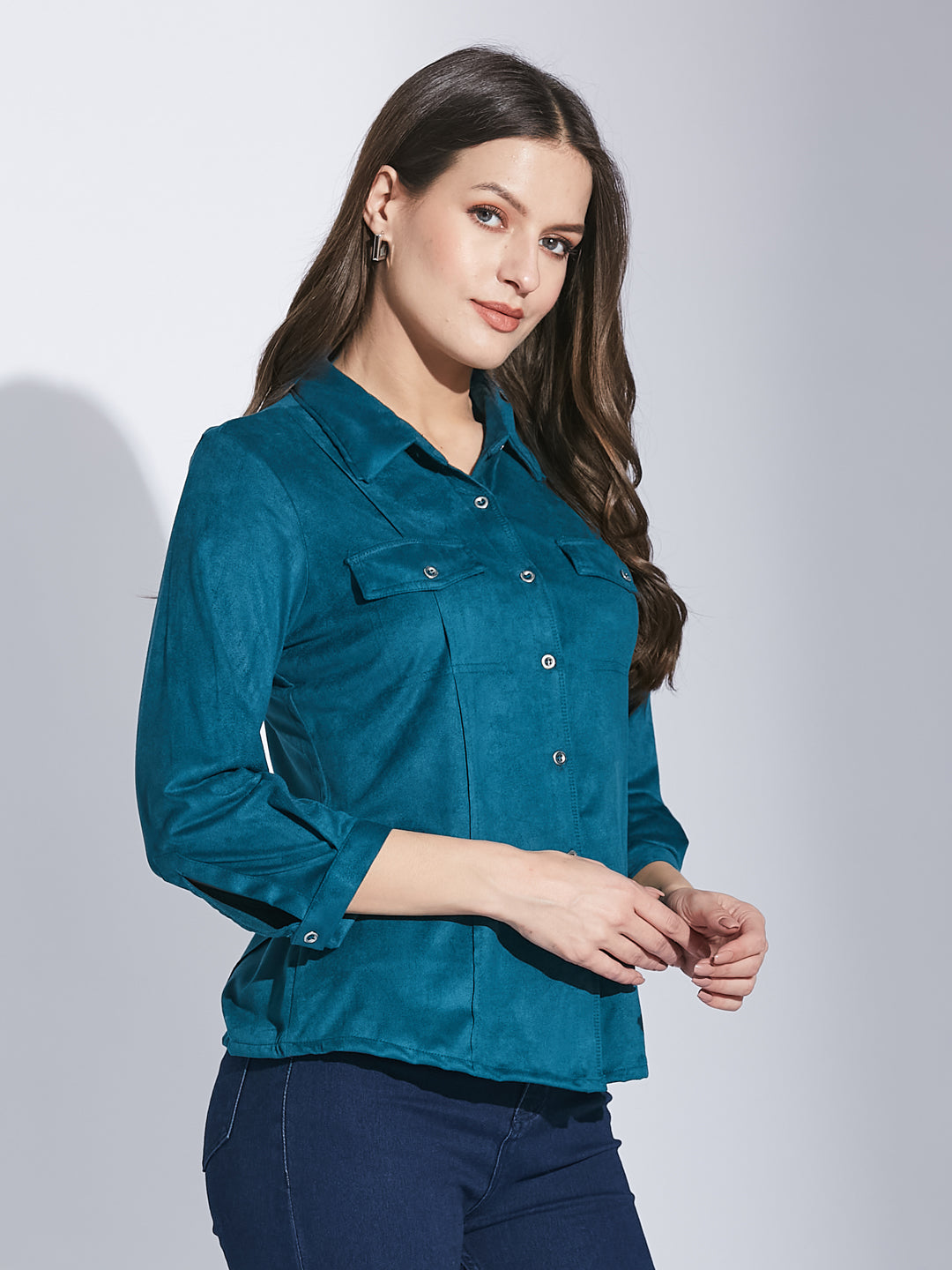 Latin Quarters Women Teal Shirt Collar 3/4 Sleeve Solid Shirt