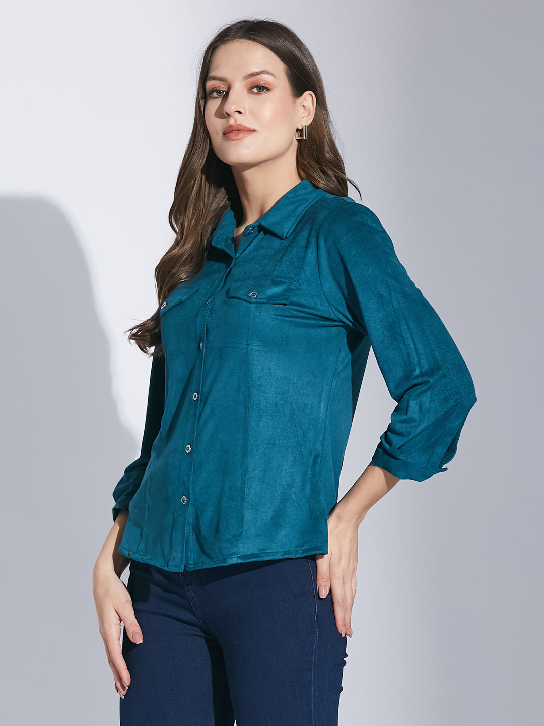 Latin Quarters Women Teal Shirt Collar 3/4 Sleeve Solid Shirt