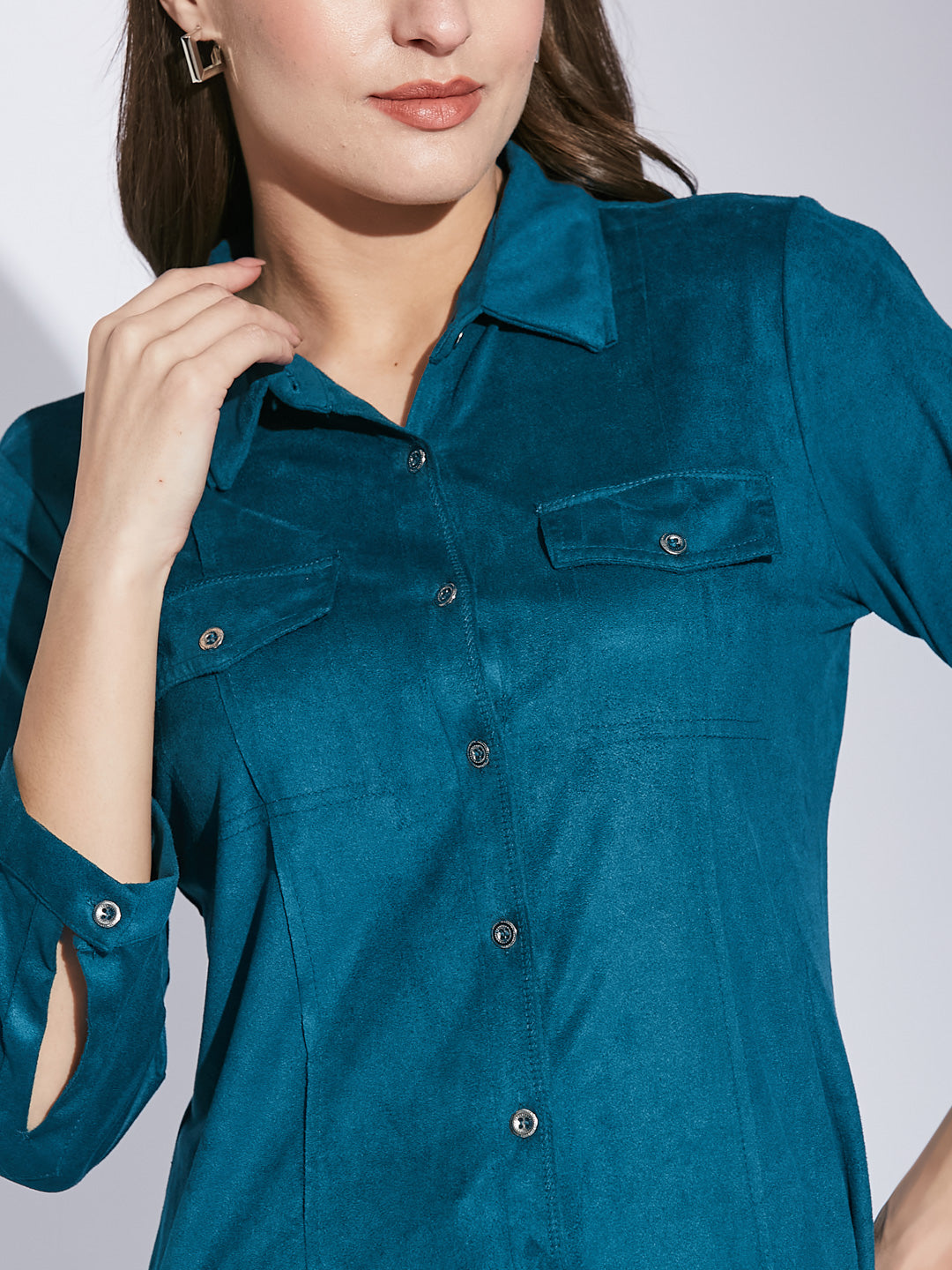 Latin Quarters Women Teal Shirt Collar 3/4 Sleeve Solid Shirt
