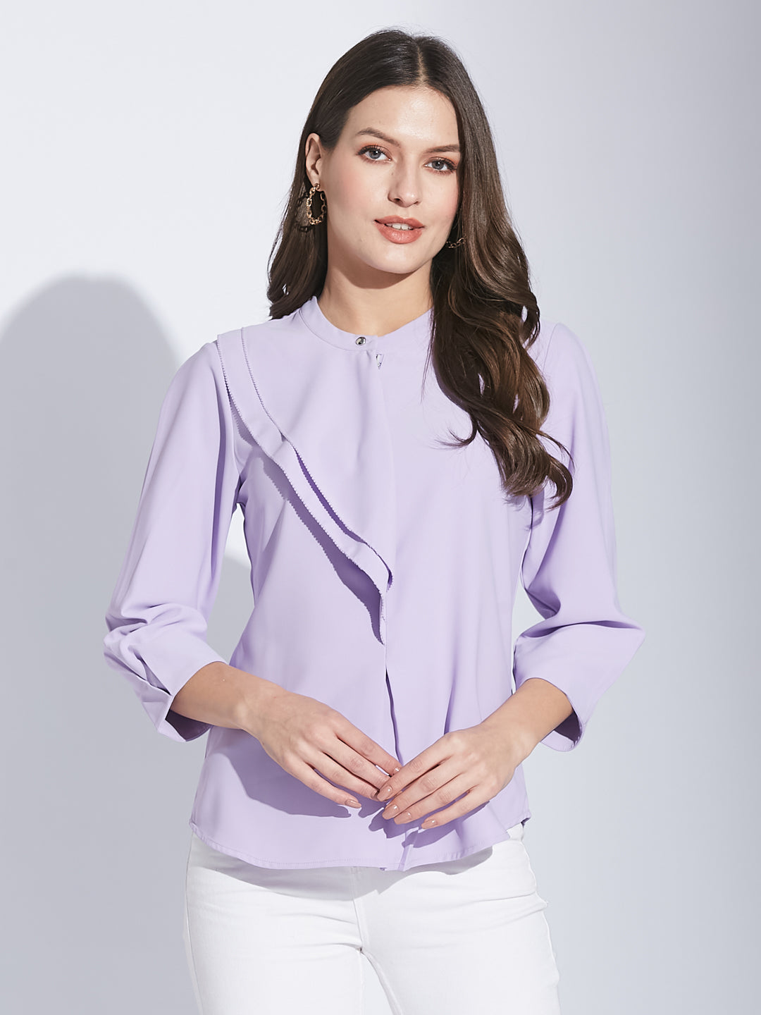 Latin Quarters Women Lavender Mandarin Collar 3/4 Sleeve Solid Top
