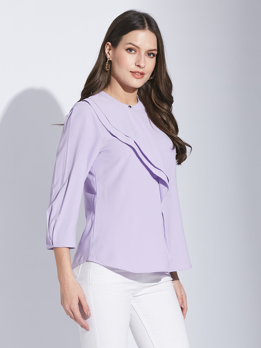 Latin Quarters Women Lavender Mandarin Collar 3/4 Sleeve Solid Top