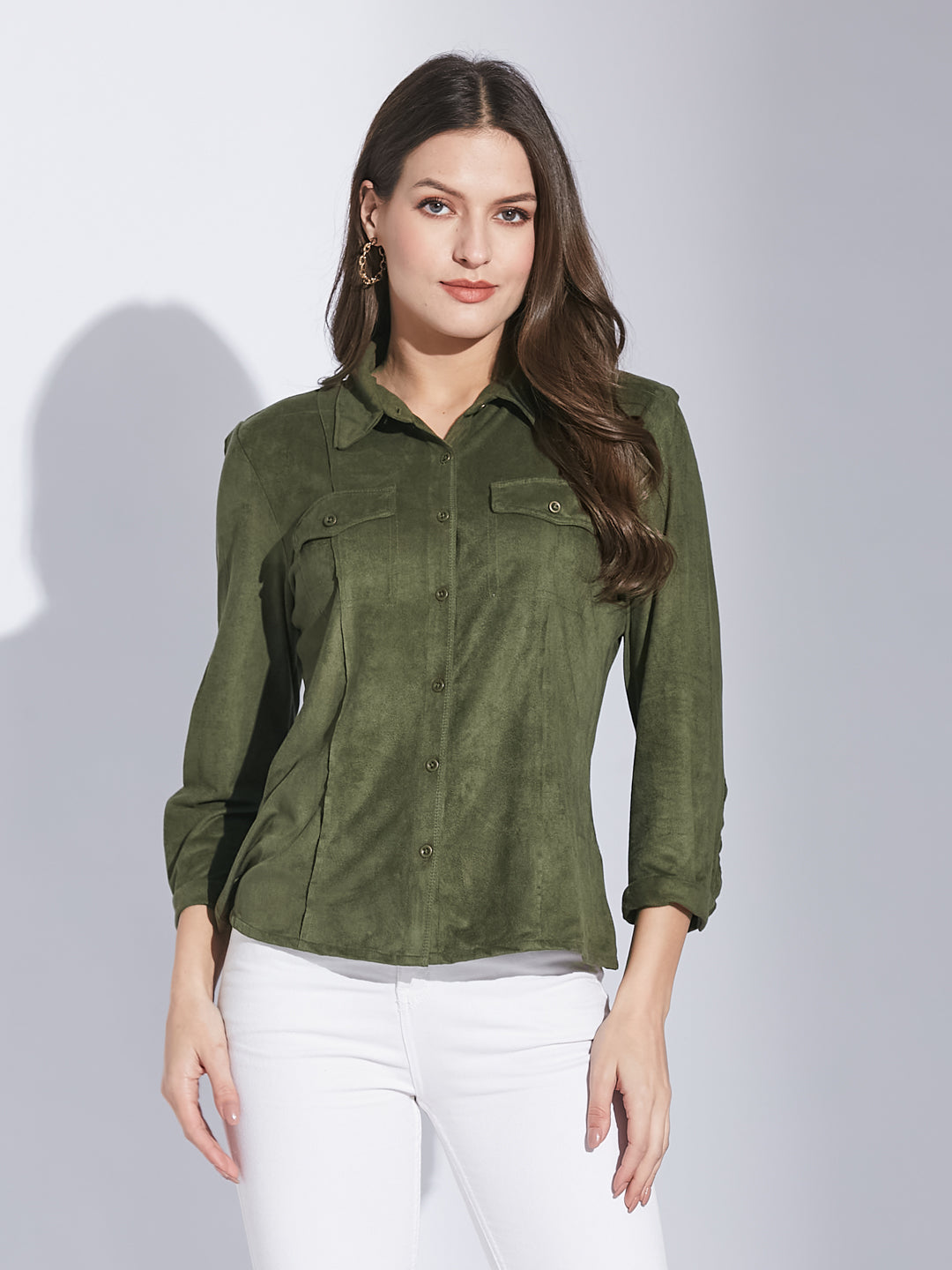 Latin Quarters Women Green Shirt Collar 3/4 Sleeve Solid Shirt