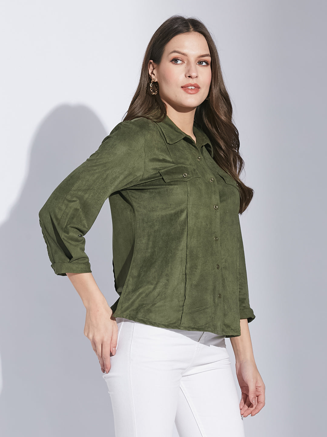 Latin Quarters Women Green Shirt Collar 3/4 Sleeve Solid Shirt