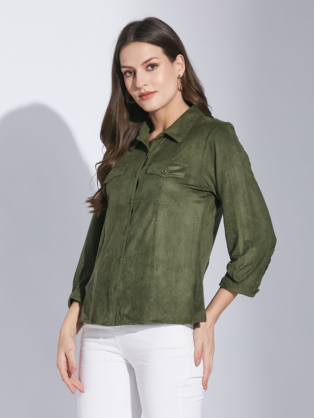Latin Quarters Women Green Shirt Collar 3/4 Sleeve Solid Shirt