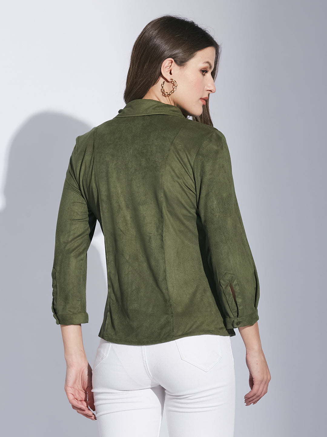 Latin Quarters Women Green Shirt Collar 3/4 Sleeve Solid Shirt