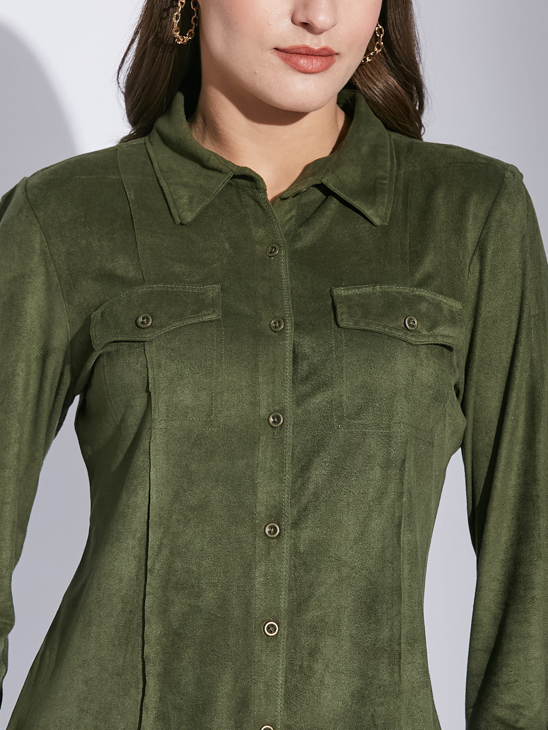 Latin Quarters Women Green Shirt Collar 3/4 Sleeve Solid Shirt