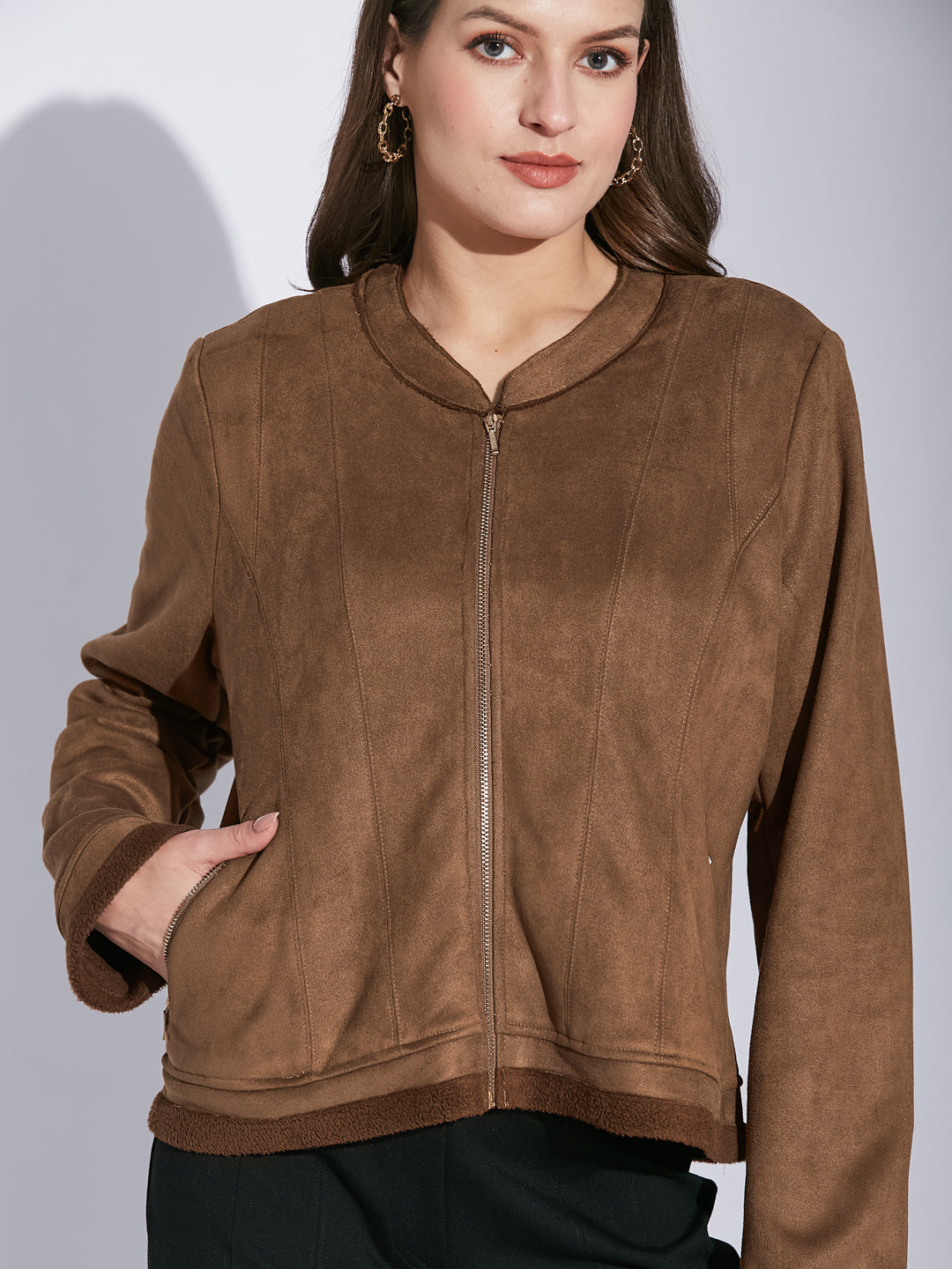 Latin Quarters Women Brown Mandarin Collar Full Sleeve Solid Jacket