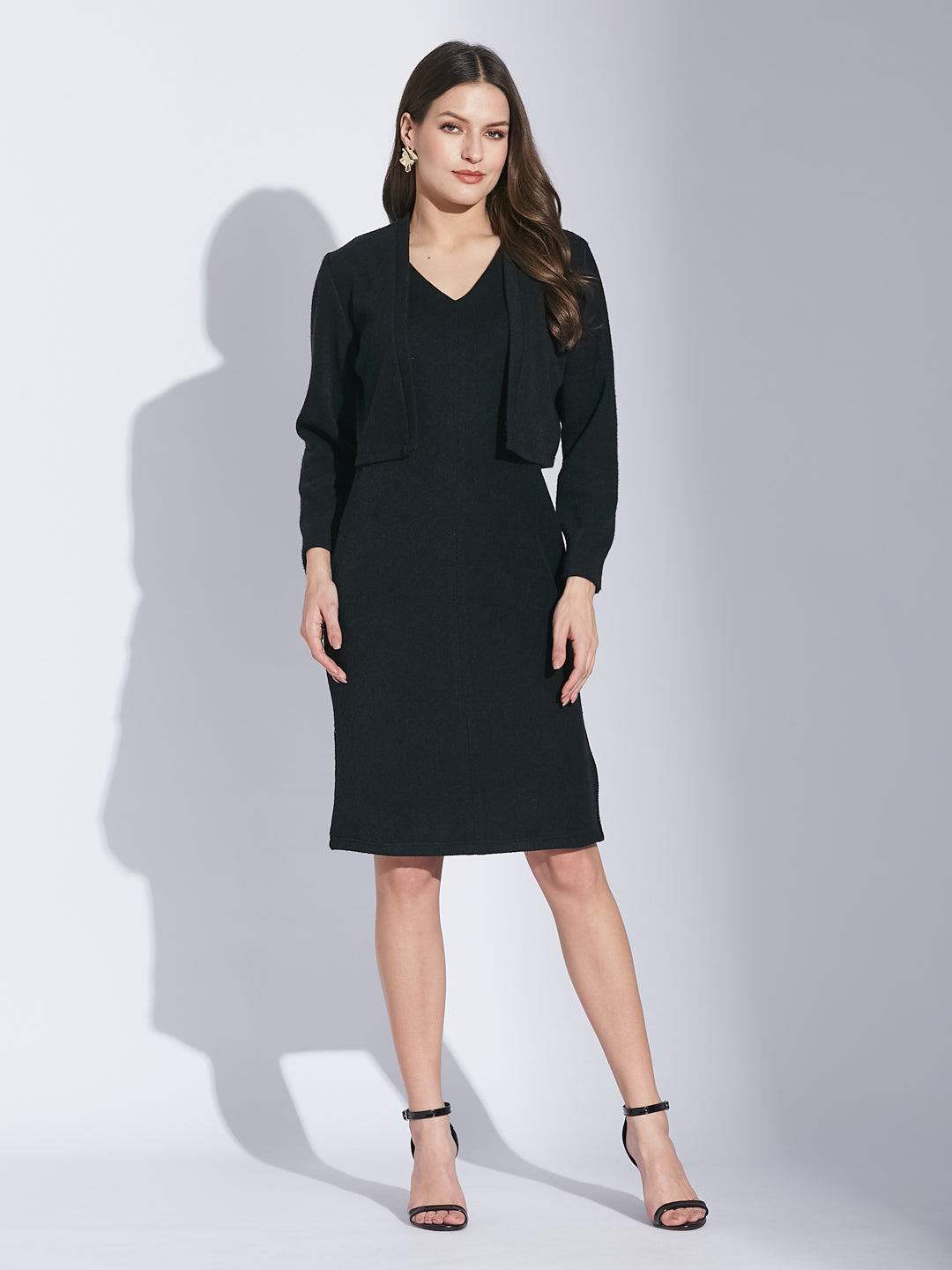 Latin Quarters Women Black V-Neck Full Sleeve Solid Dress