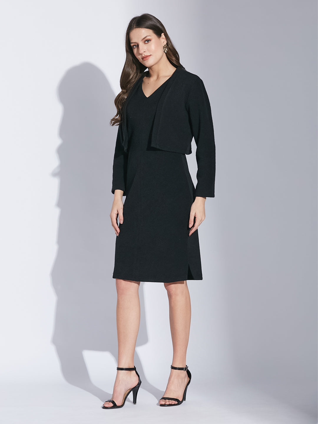 Latin Quarters Women Black V-Neck Full Sleeve Solid Dress