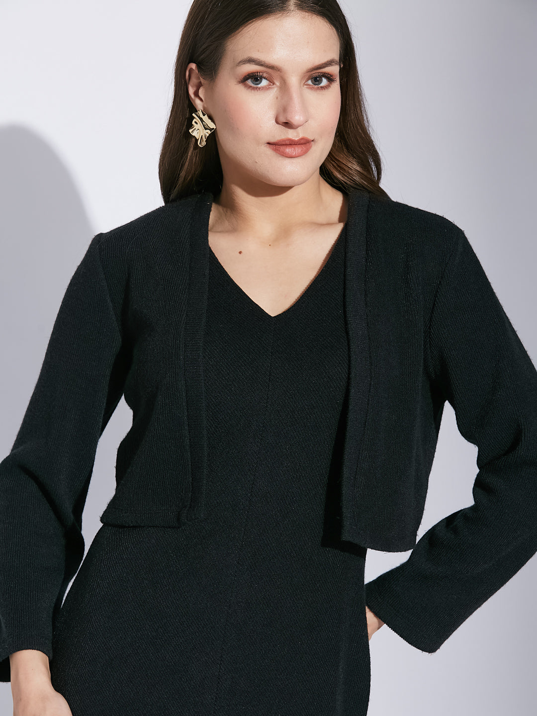 Latin Quarters Women Black V-Neck Full Sleeve Solid Dress