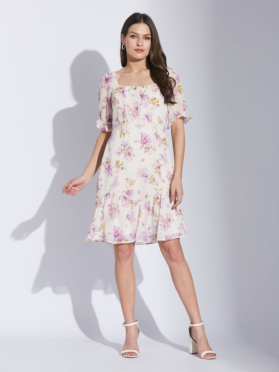 Latin Quarters Women Lilac Square Neck Half Sleeve Floral Dress