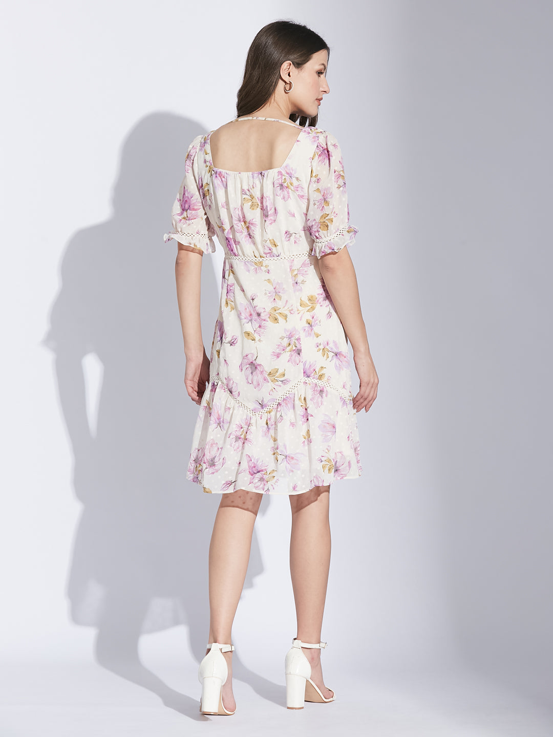 Latin Quarters Women Lilac Square Neck Half Sleeve Floral Dress