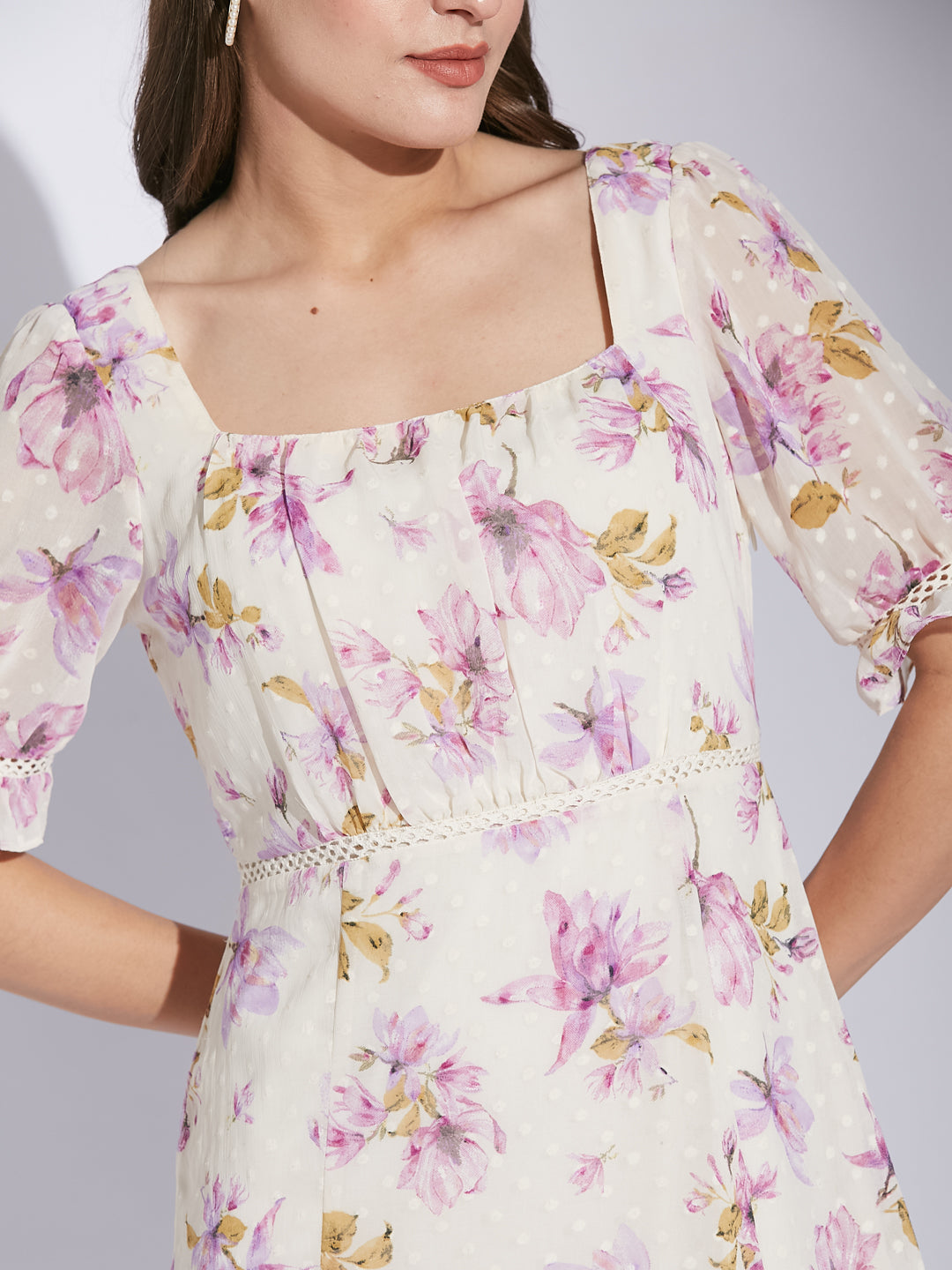 Latin Quarters Women Lilac Square Neck Half Sleeve Floral Dress