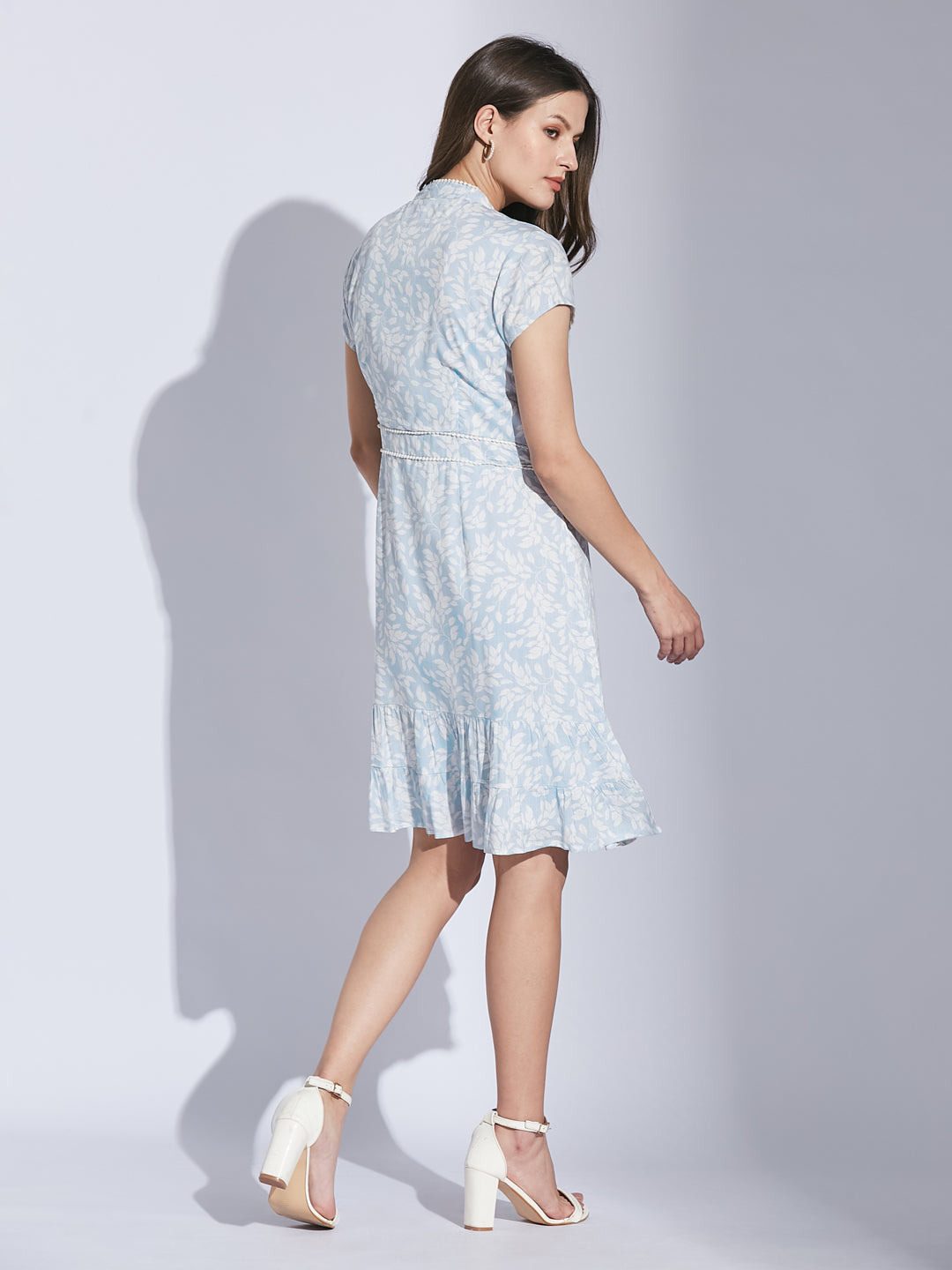 Latin Quarters Women Blue Mandarin Collar Half Sleeve Floral Dress