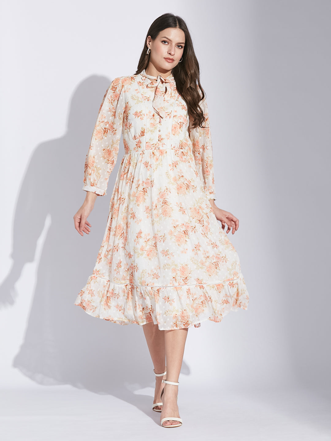 Latin Quarters Women Orange Tie-Up Neck 3/4 Sleeve Floral Dress