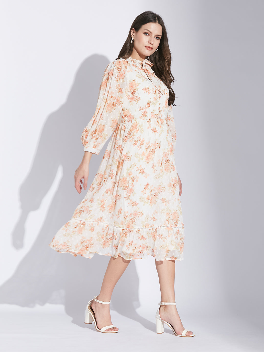 Latin Quarters Women Orange Tie-Up Neck 3/4 Sleeve Floral Dress
