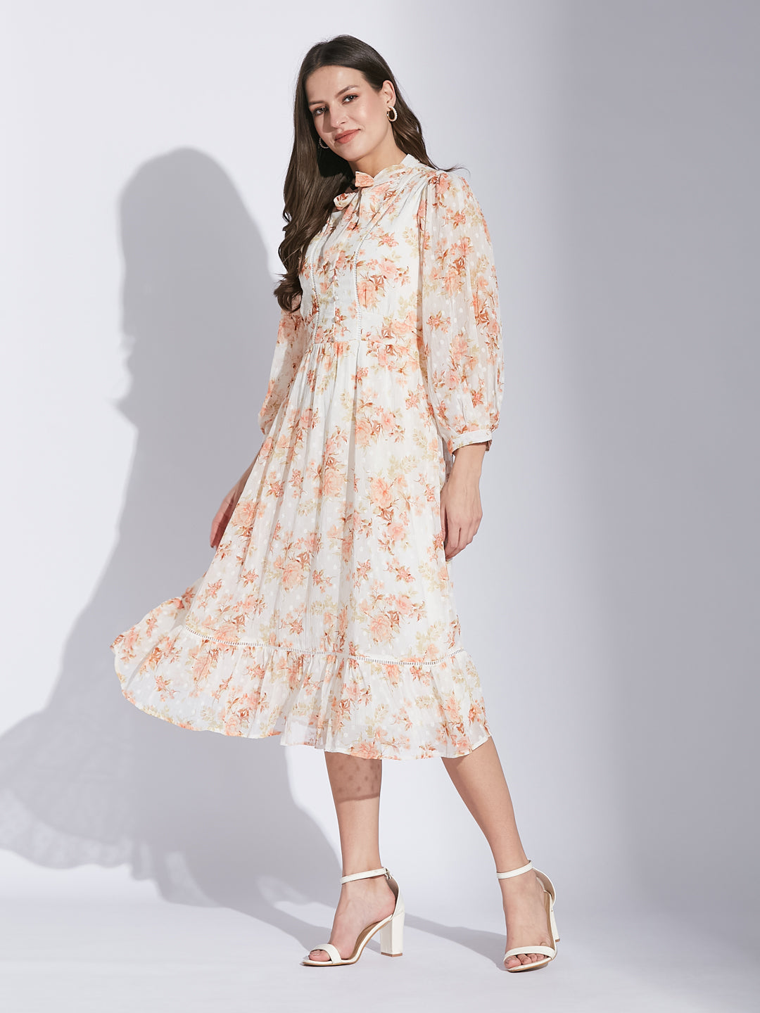 Latin Quarters Women Orange Tie-Up Neck 3/4 Sleeve Floral Dress