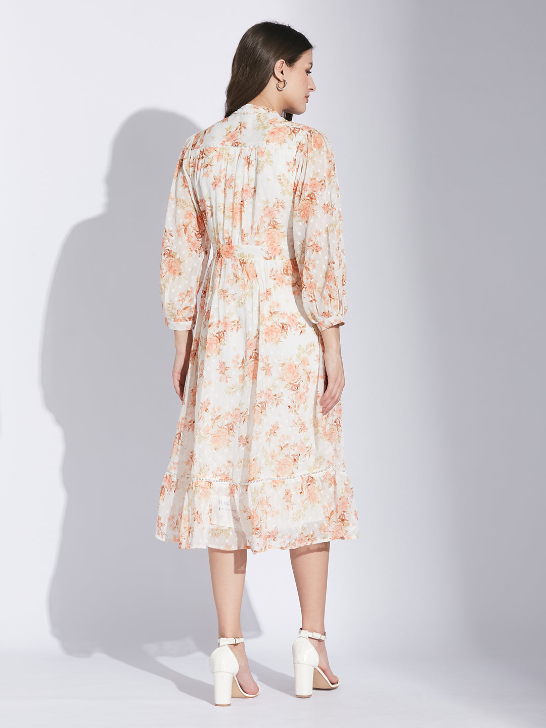 Latin Quarters Women Orange Tie-Up Neck 3/4 Sleeve Floral Dress