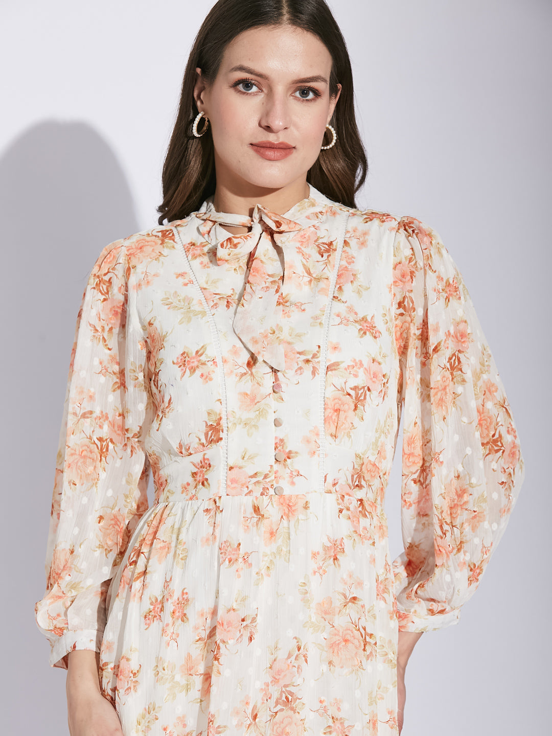 Latin Quarters Women Orange Tie-Up Neck 3/4 Sleeve Floral Dress