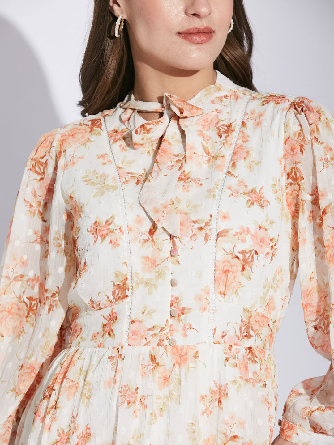 Latin Quarters Women Orange Tie-Up Neck 3/4 Sleeve Floral Dress