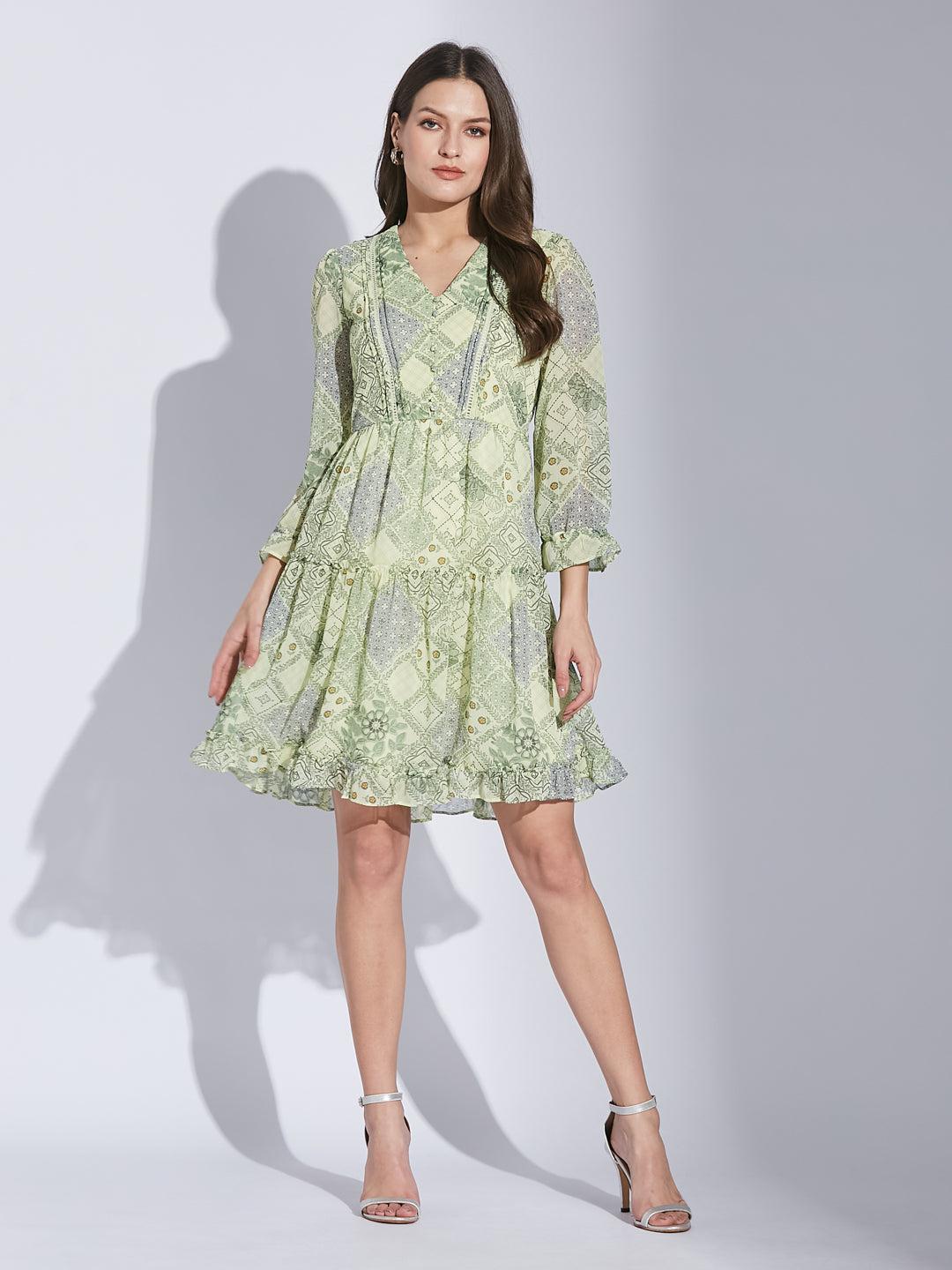 Latin Quarters Women Green V-Neck 3/4 Sleeve Printed Dress