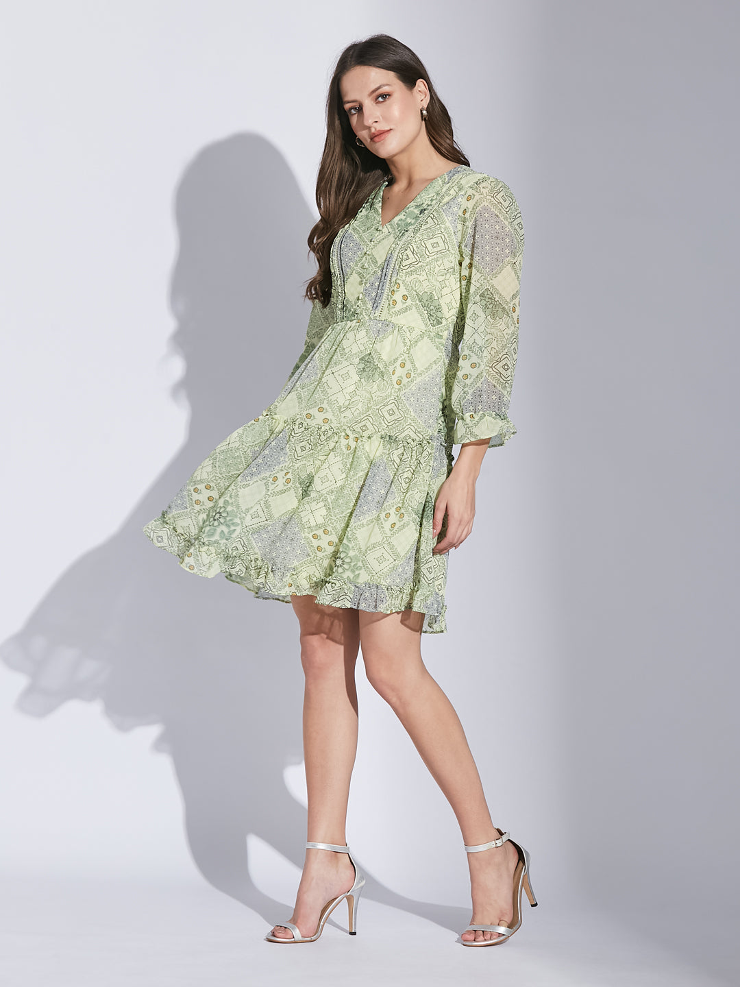 Latin Quarters Women Green V-Neck 3/4 Sleeve Printed Dress