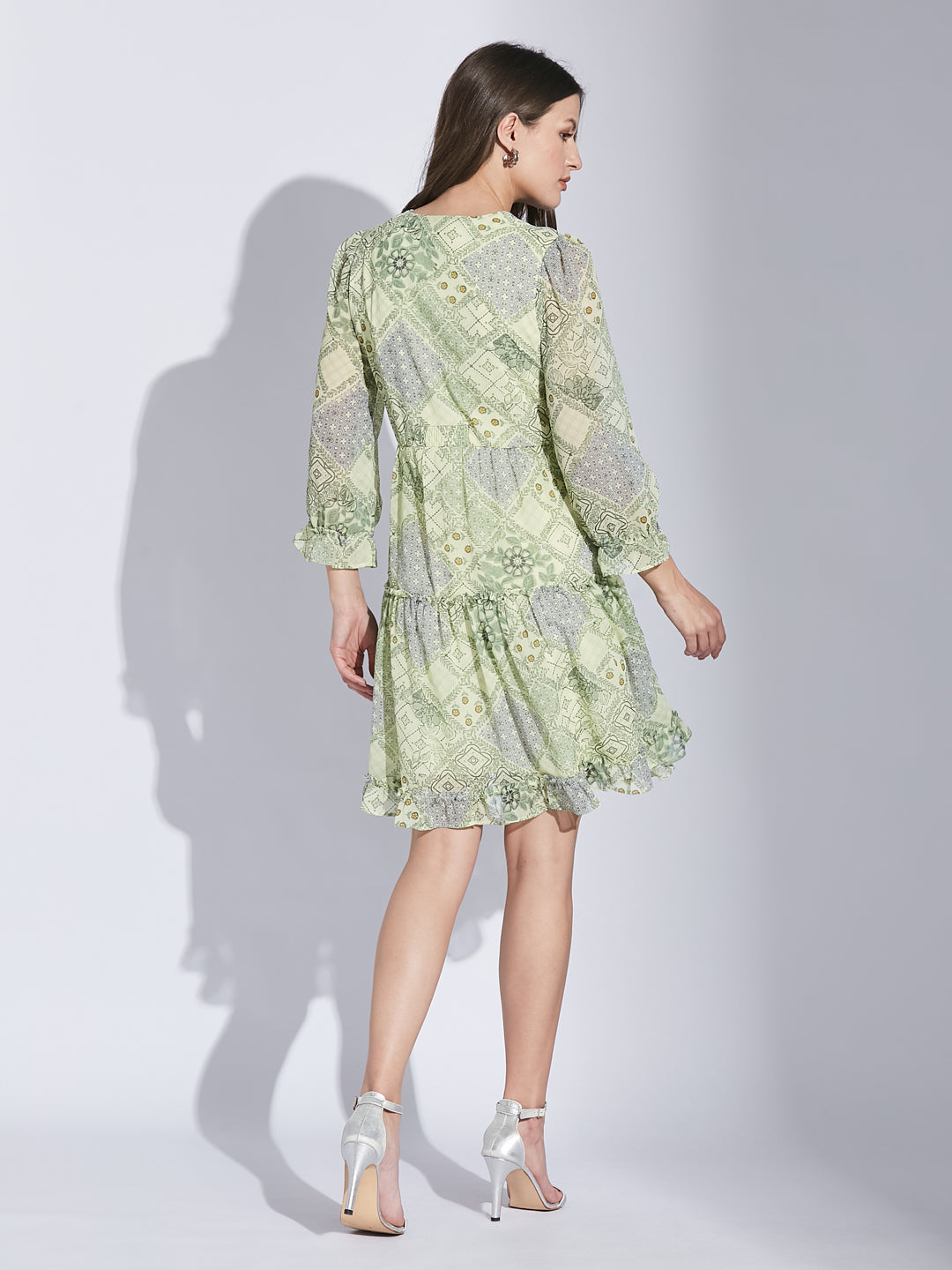 Latin Quarters Women Green V-Neck 3/4 Sleeve Printed Dress