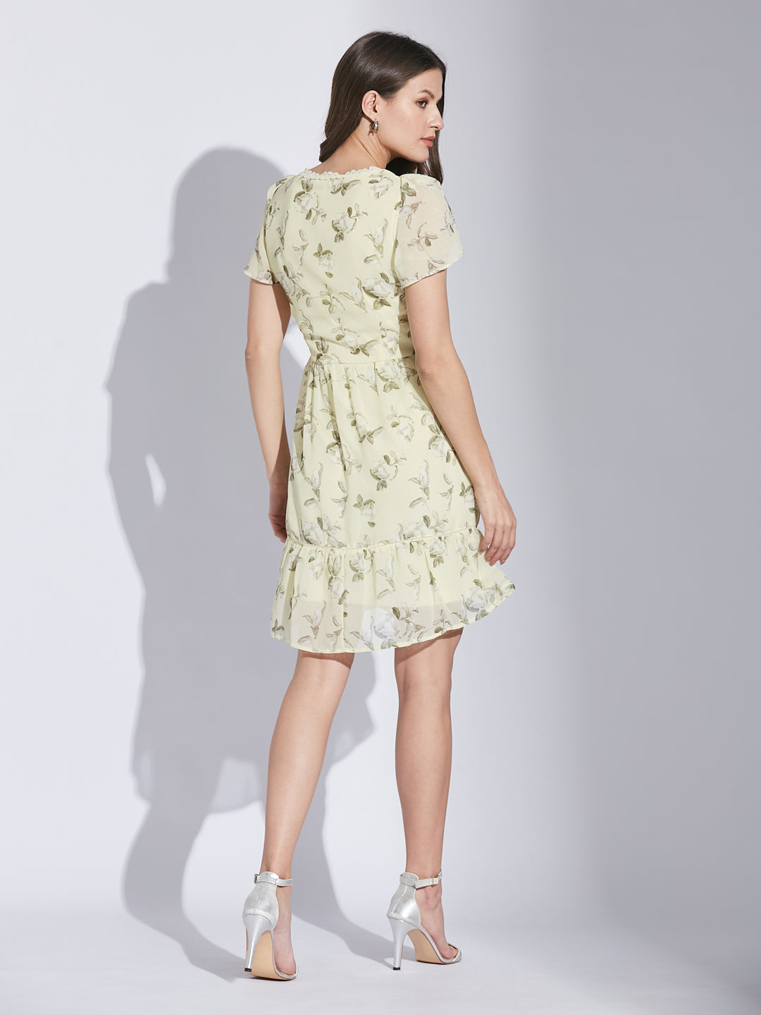 Latin Quarters Women Yellow V-Neck Half Sleeve Floral Dress