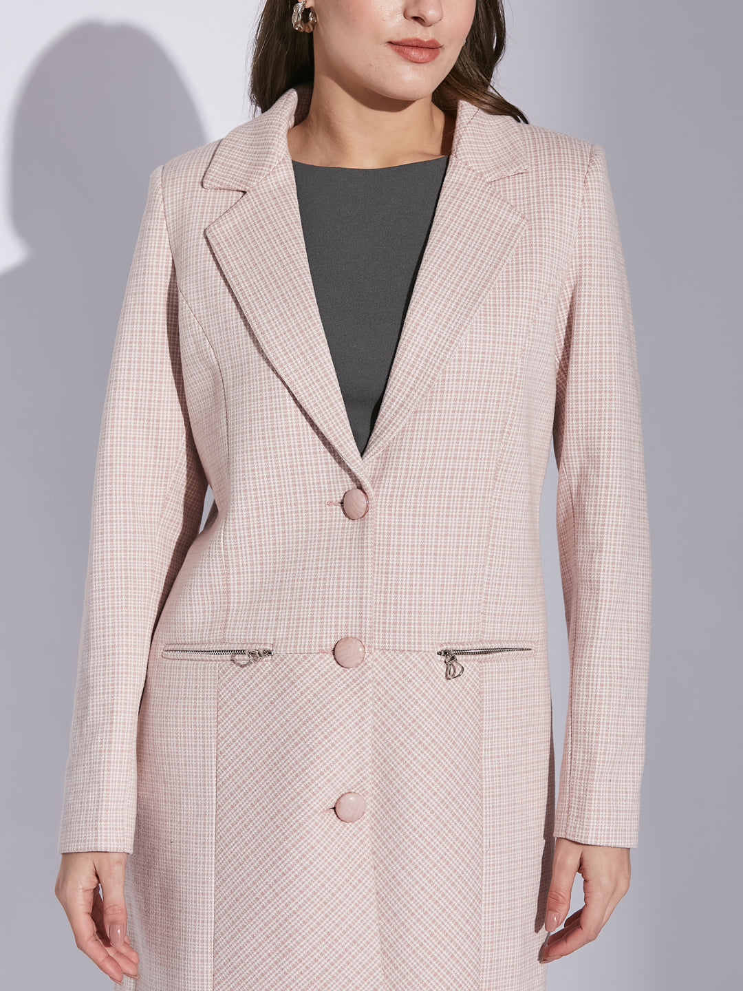 Latin Quarters Women Pink Shirt Collar Full Sleeve Check Coat