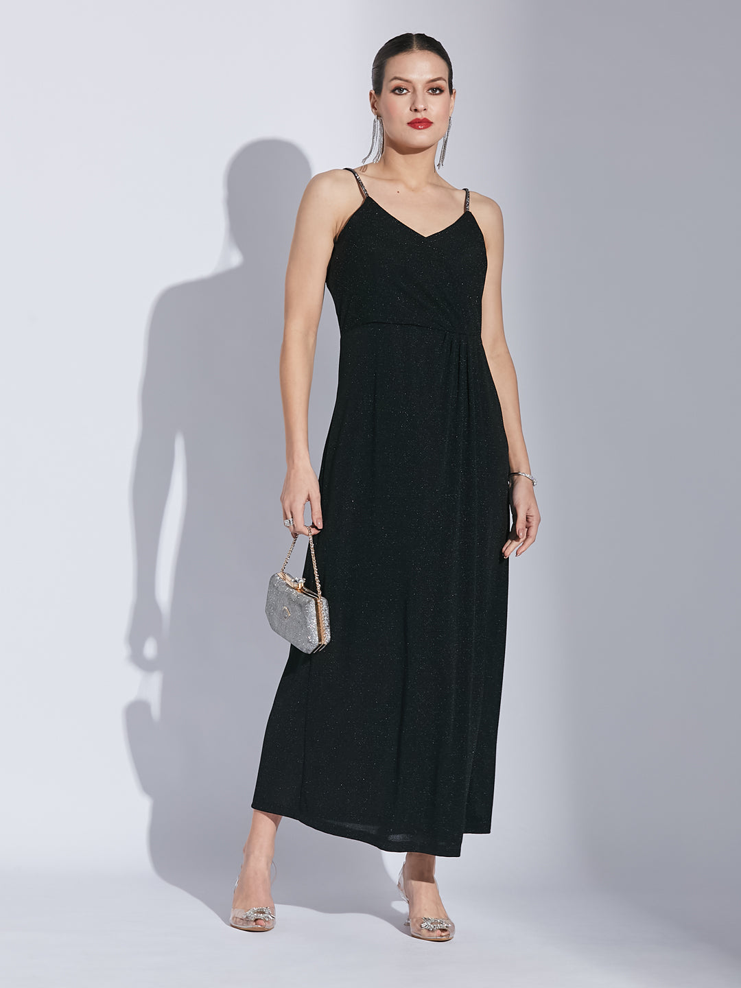 Latin Quarters Women Black V-Neck Sleeveless Shimmer Maxi Dress with Slit