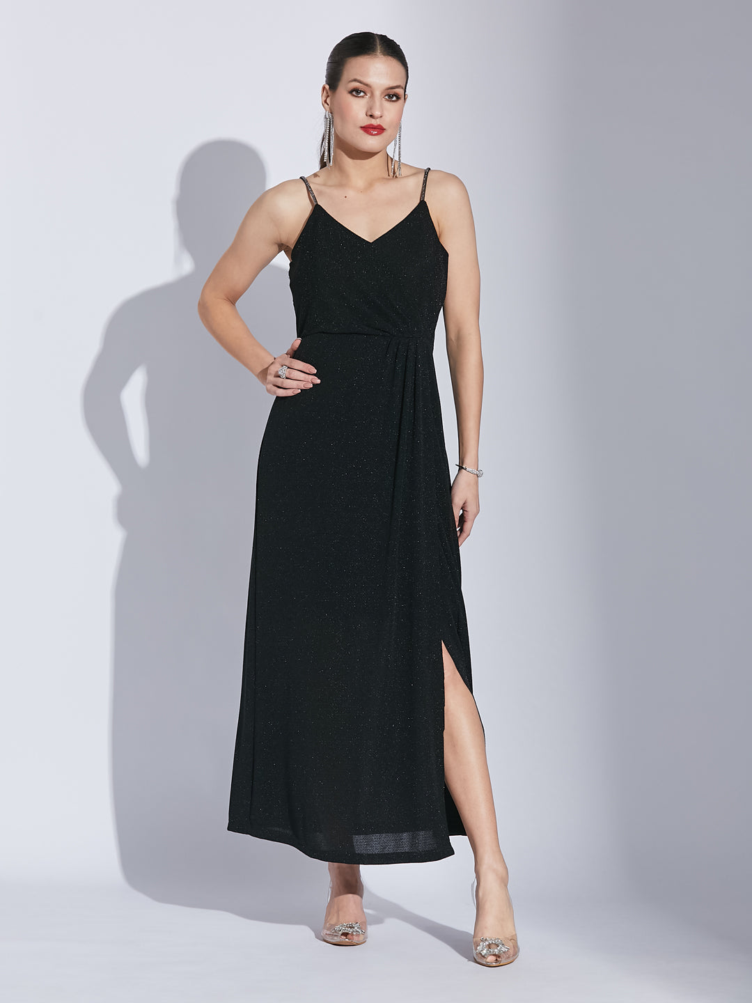 Latin Quarters Women Black V-Neck Sleeveless Shimmer Maxi Dress with Slit