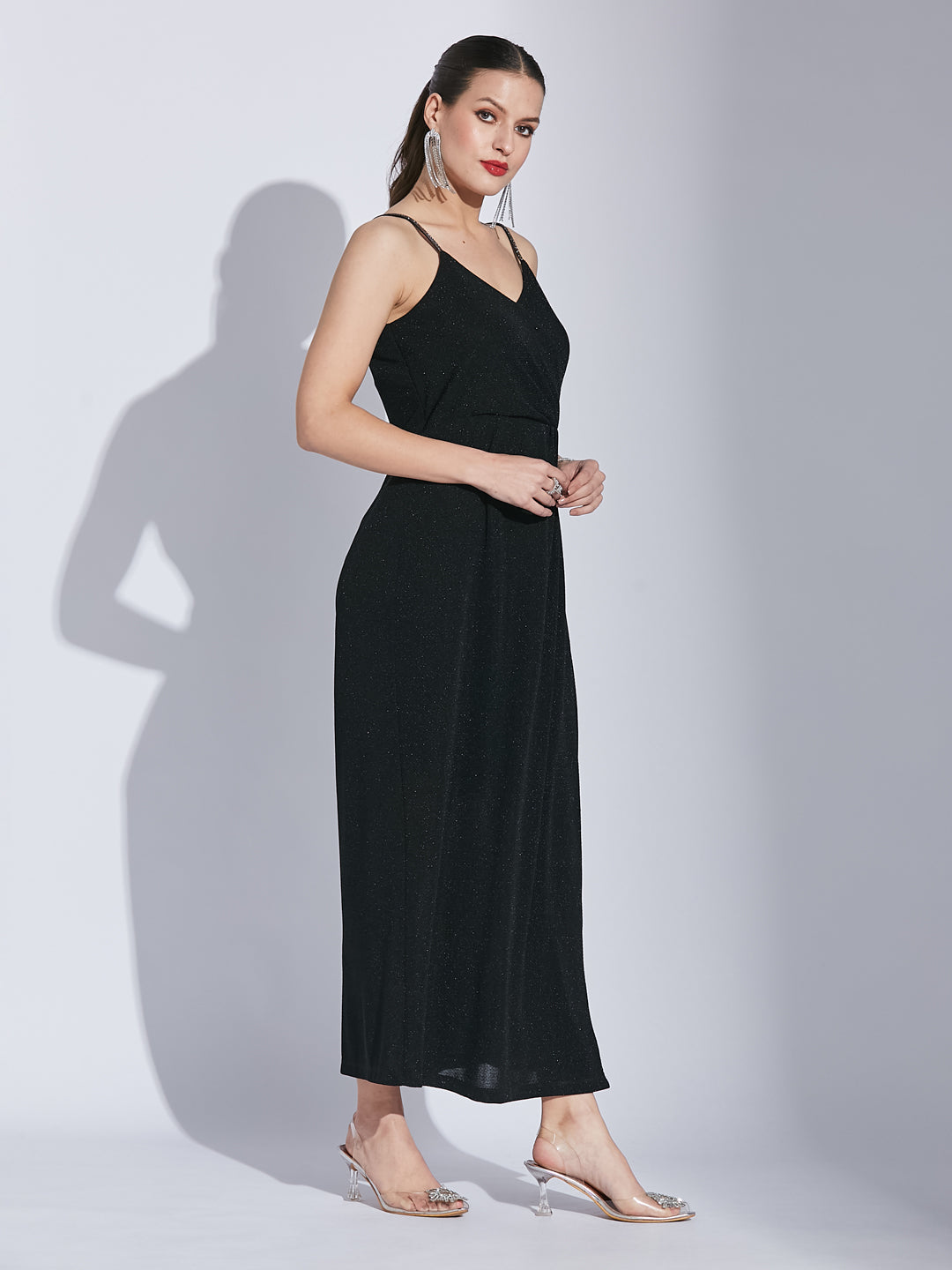 Latin Quarters Women Black V-Neck Sleeveless Solid A-Line Dress For Evening Wear