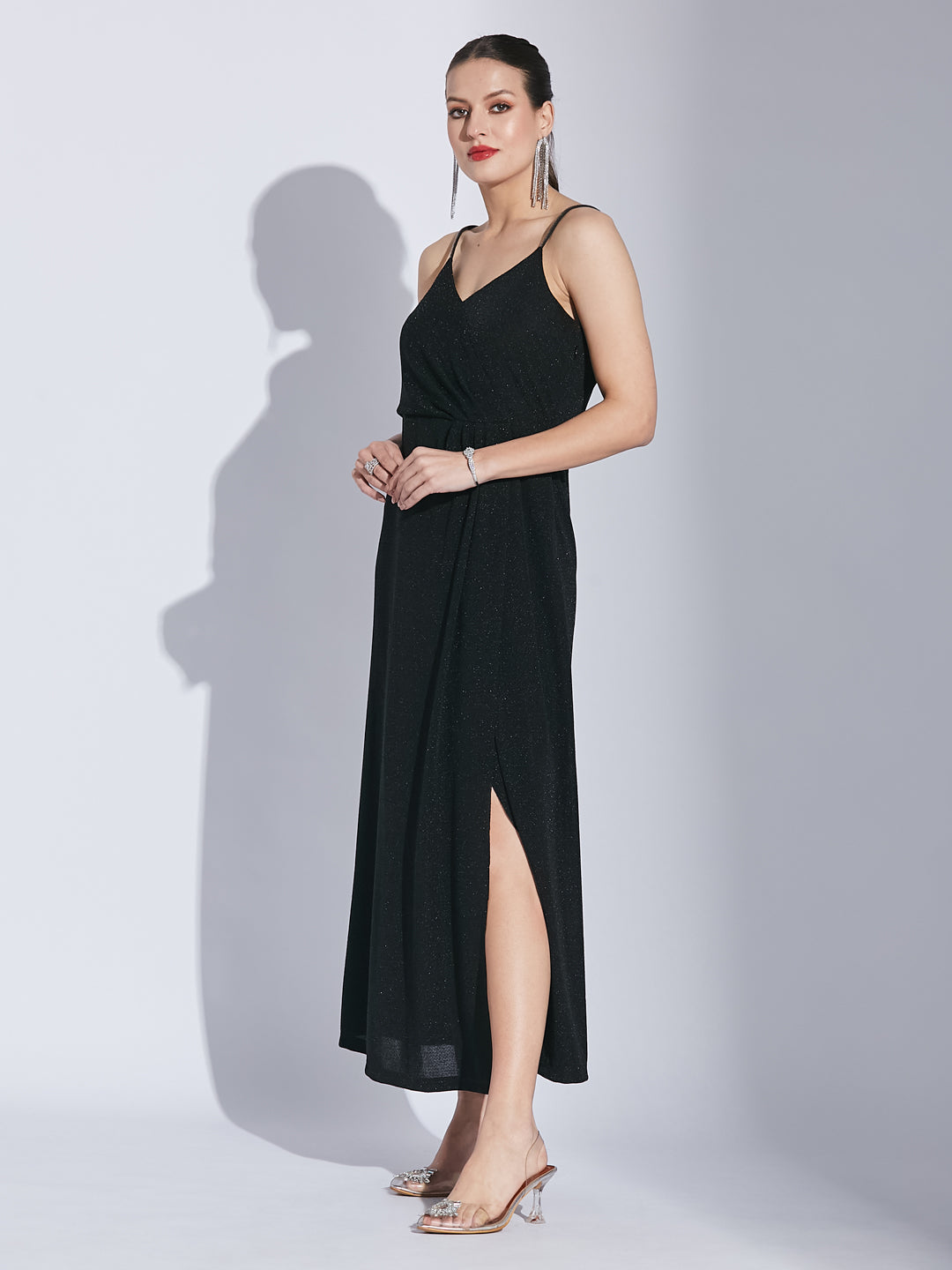 Latin Quarters Women Black V-Neck Sleeveless Solid A-Line Dress For Evening Wear