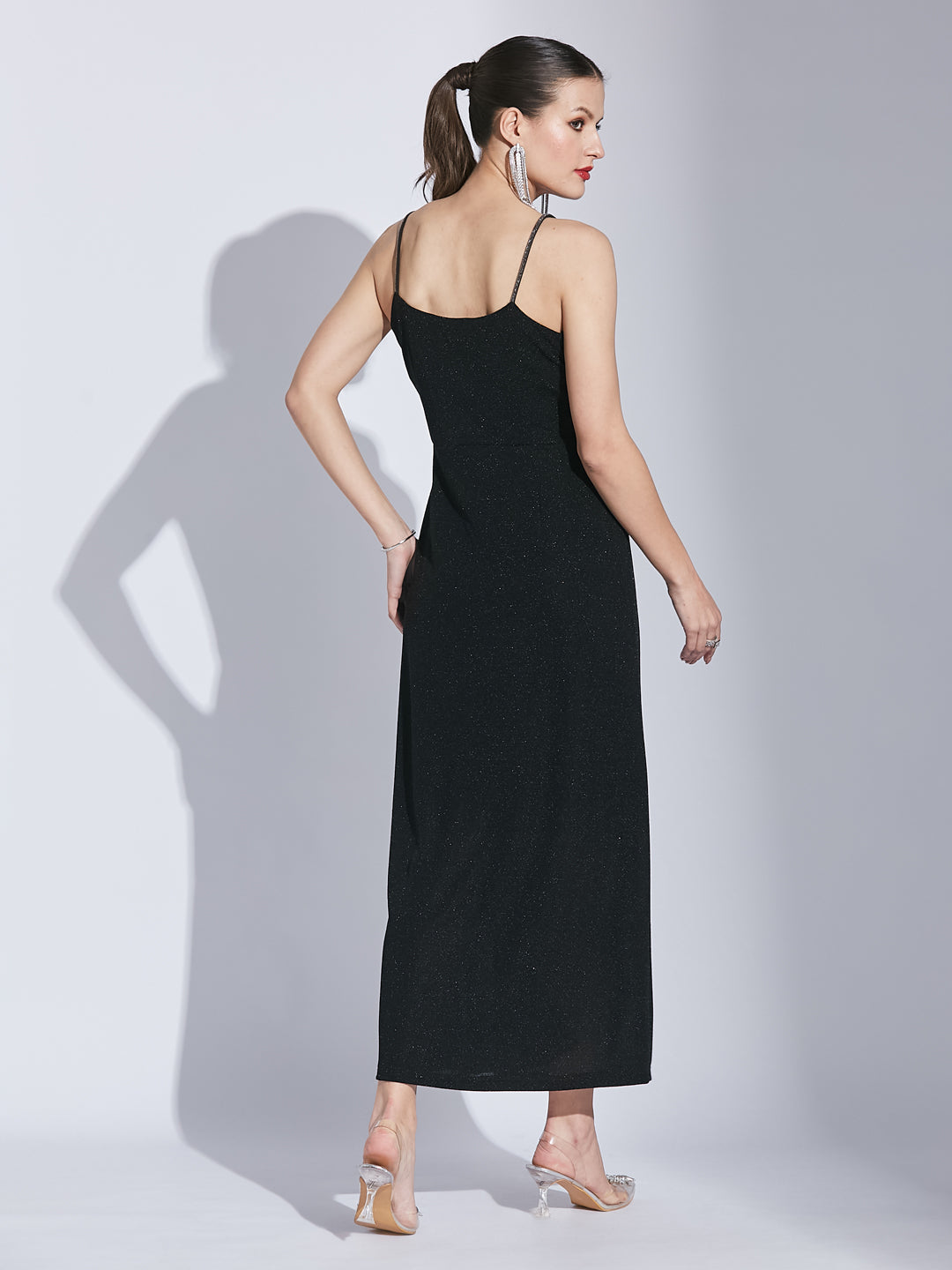 Latin Quarters Women Black V-Neck Sleeveless Solid A-Line Dress For Evening Wear