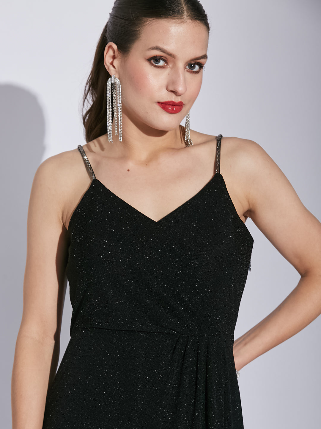 Latin Quarters Women Black V-Neck Sleeveless Solid A-Line Dress For Evening Wear