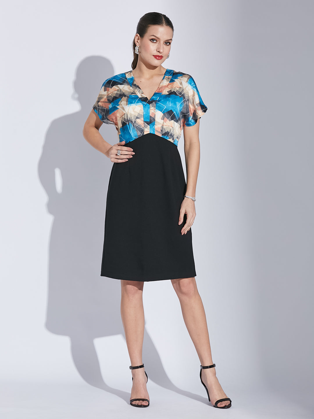 Latin Quarters Women Blue V-Neck Half Sleeve Printed Dress