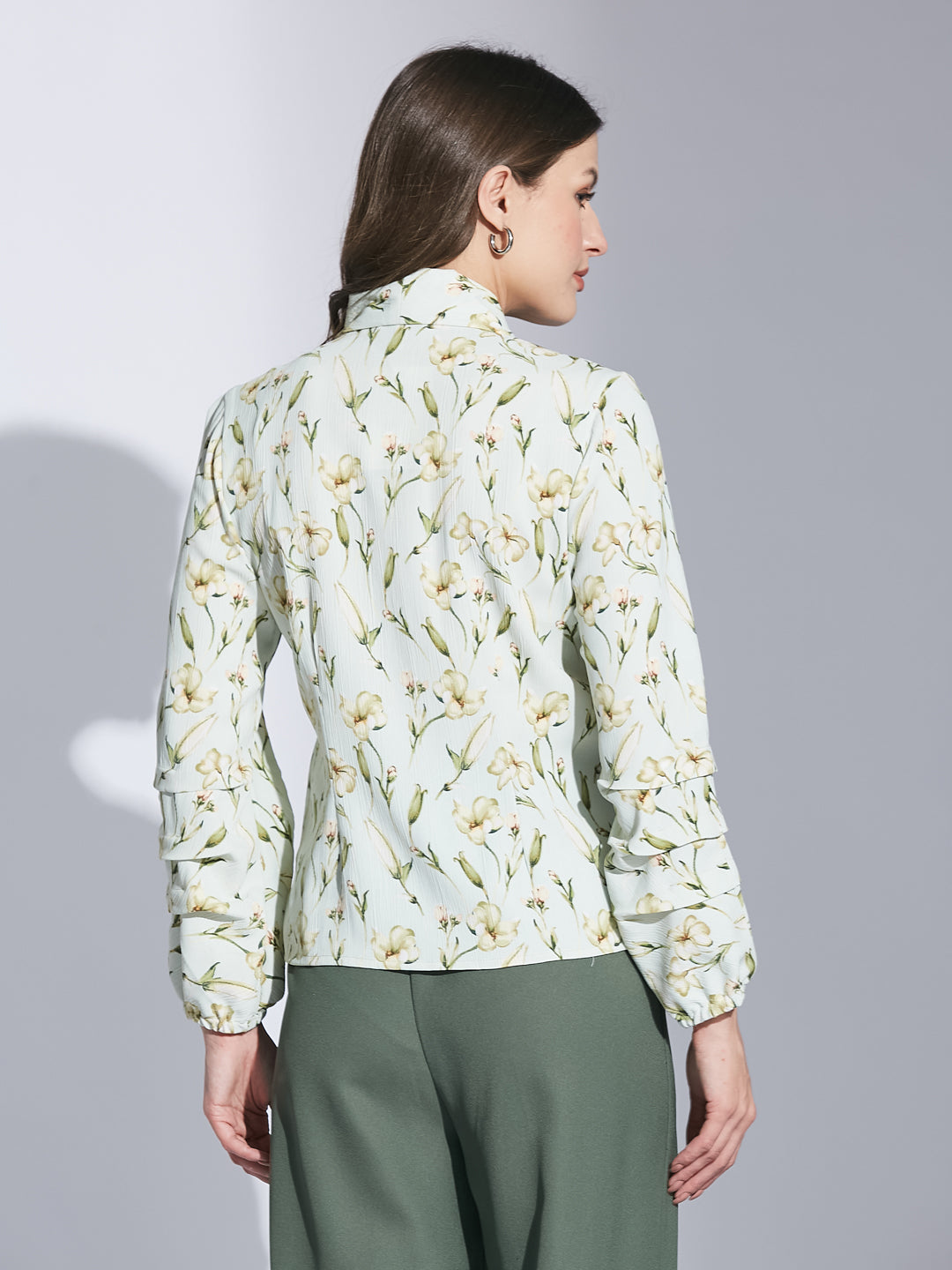 Latin Quarter Women Green Collar Neck 3/4Th Sleeve Printed Shirt Blouse