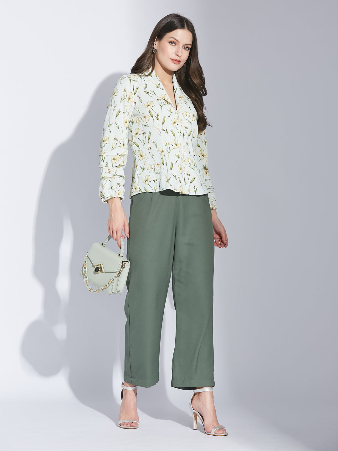 Latin Quarter Women Green Collar Neck 3/4Th Sleeve Printed Shirt Blouse