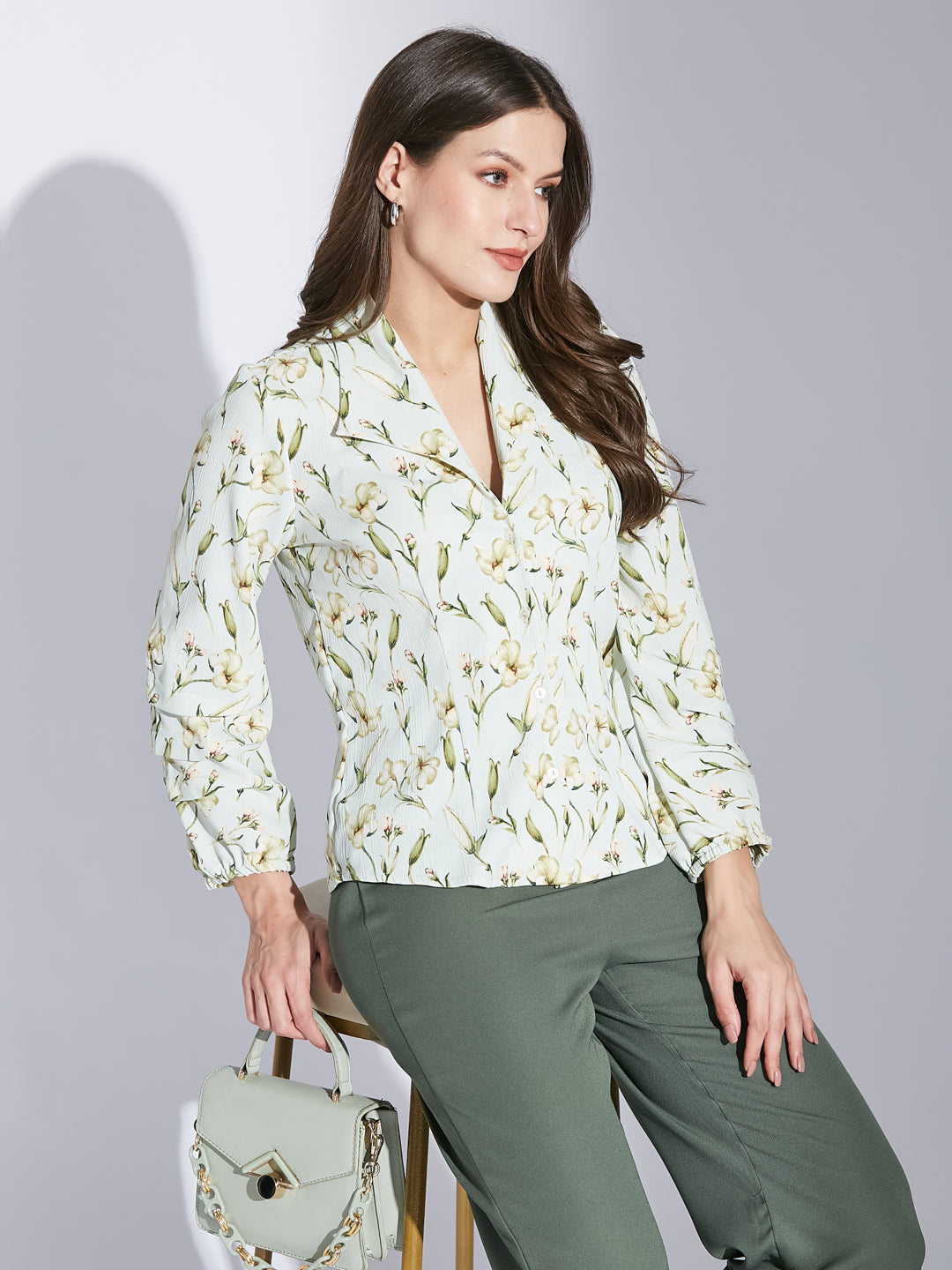 Latin Quarter Women Green Collar Neck 3/4Th Sleeve Printed Shirt Blouse