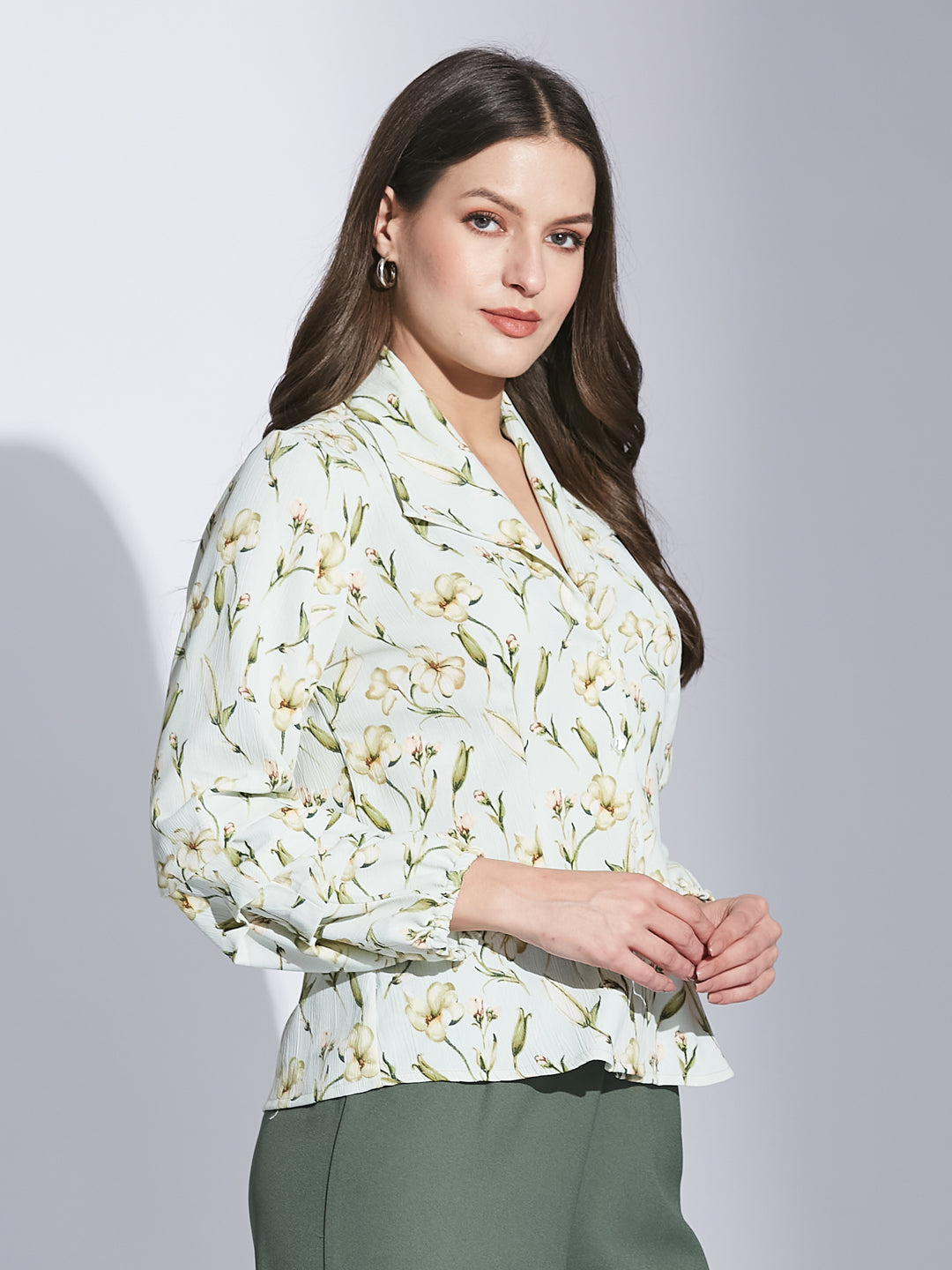 Latin Quarter Women Green Collar Neck 3/4Th Sleeve Printed Shirt Blouse