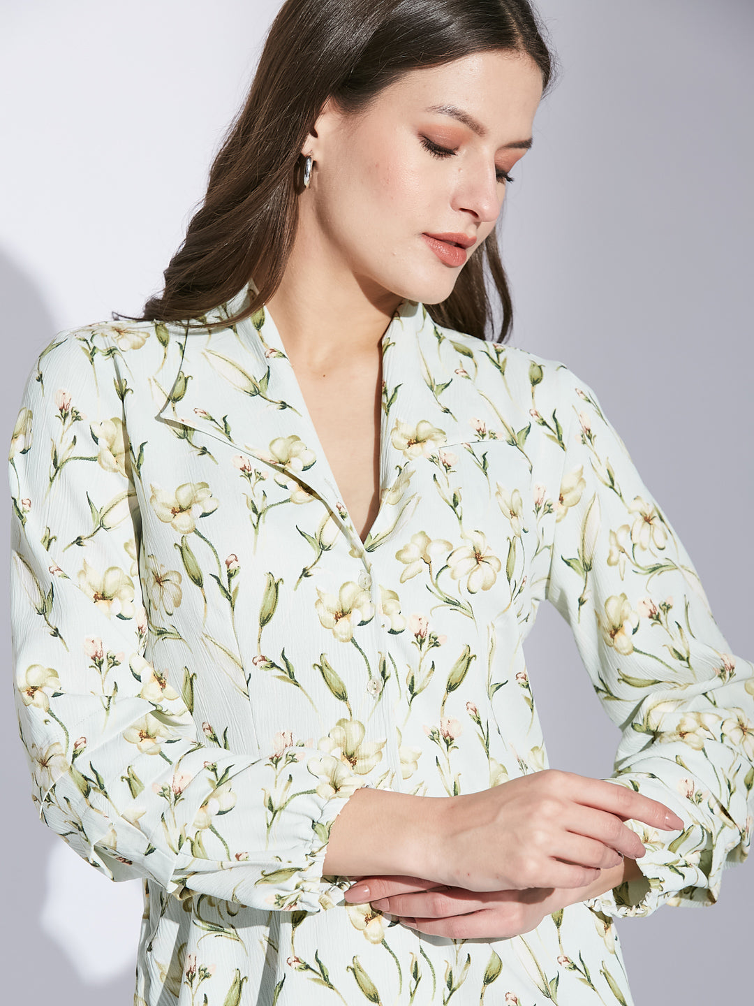 Latin Quarter Women Green Collar Neck 3/4Th Sleeve Printed Shirt Blouse